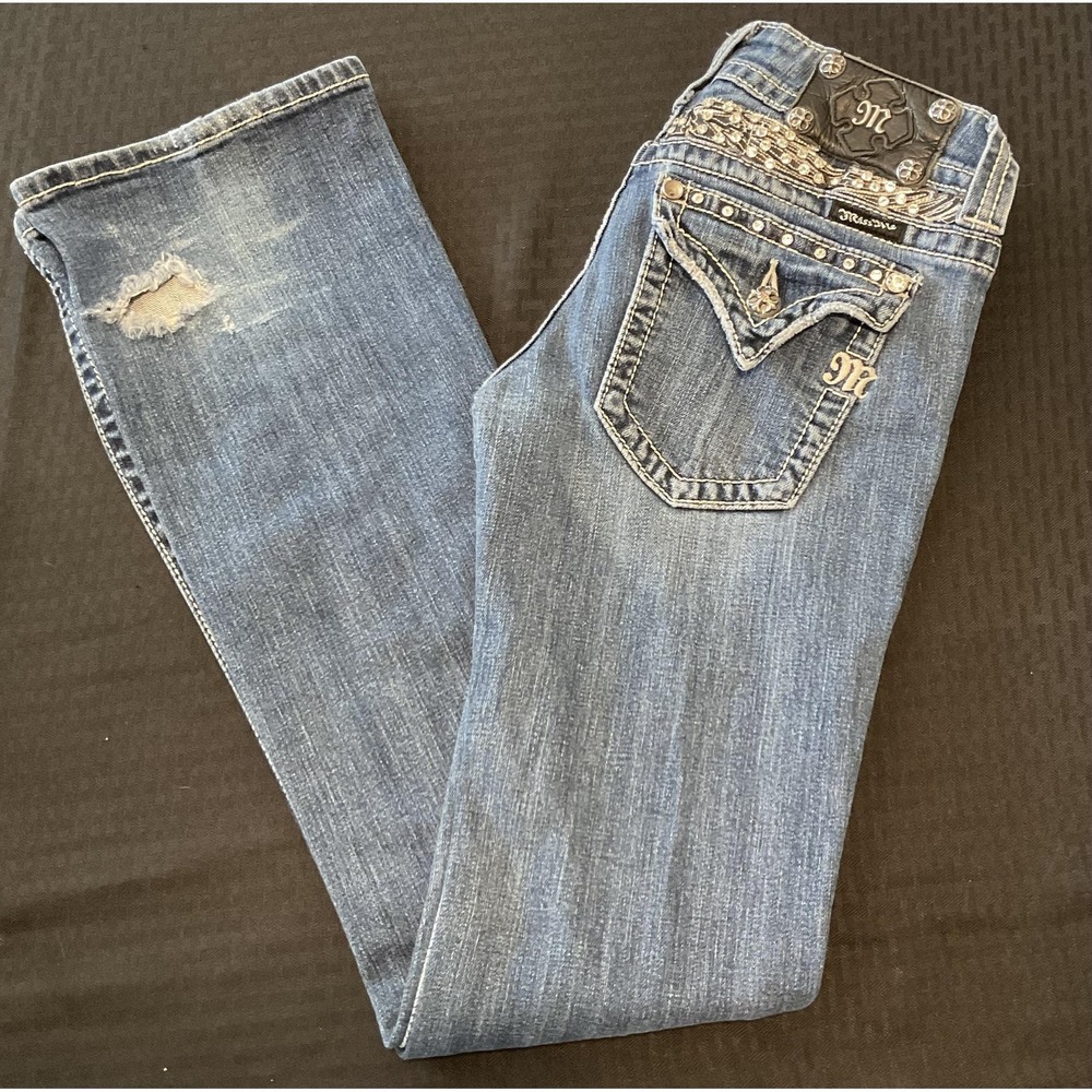 Miss Me Jeans Juniors 27 Blue Bootcut Slim Stretch Distressed Rhinestone Denim